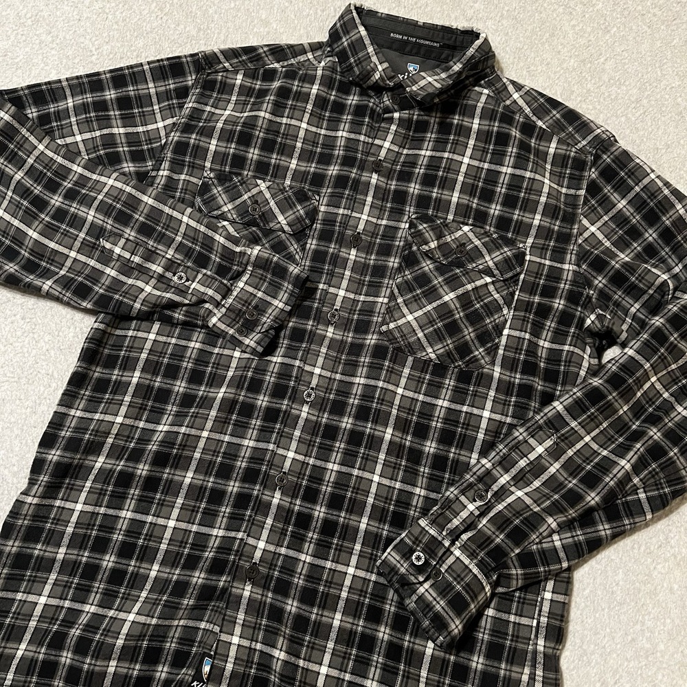 Kuhl Shirt Men's Medium Gray Plaid Dillingr Iron Mountain Metal Button Hike Camp